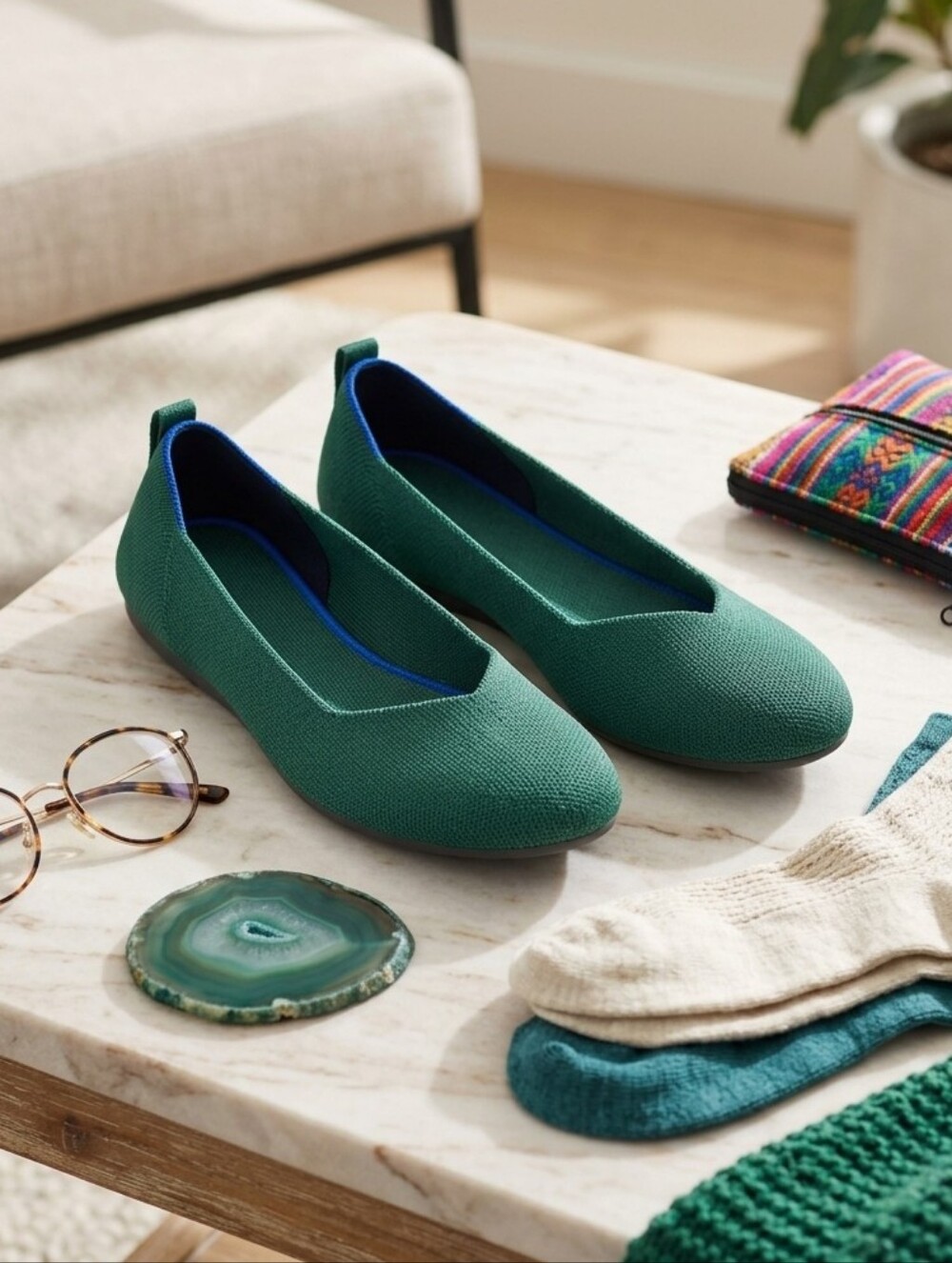 Frank Mully Green Knit Ballet Flats Slip On Comfort Shoes Size 41 / US 10-10.5